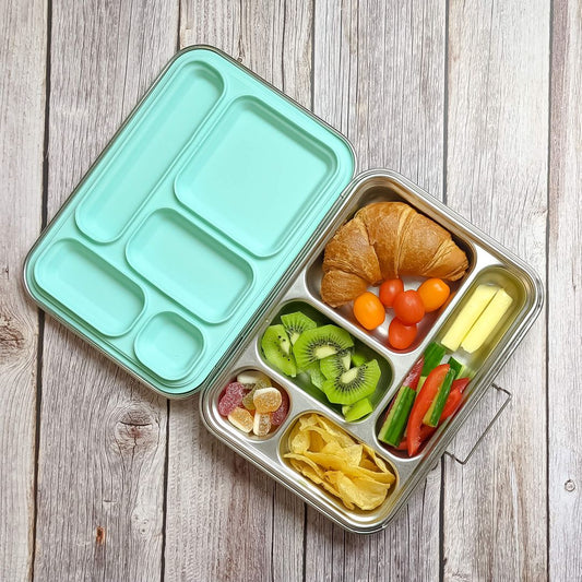 Ecococoon leakproof bento box with five compartments and silicone mint‑green lid, shown filled with food to highlight its durable metal lunch box design.