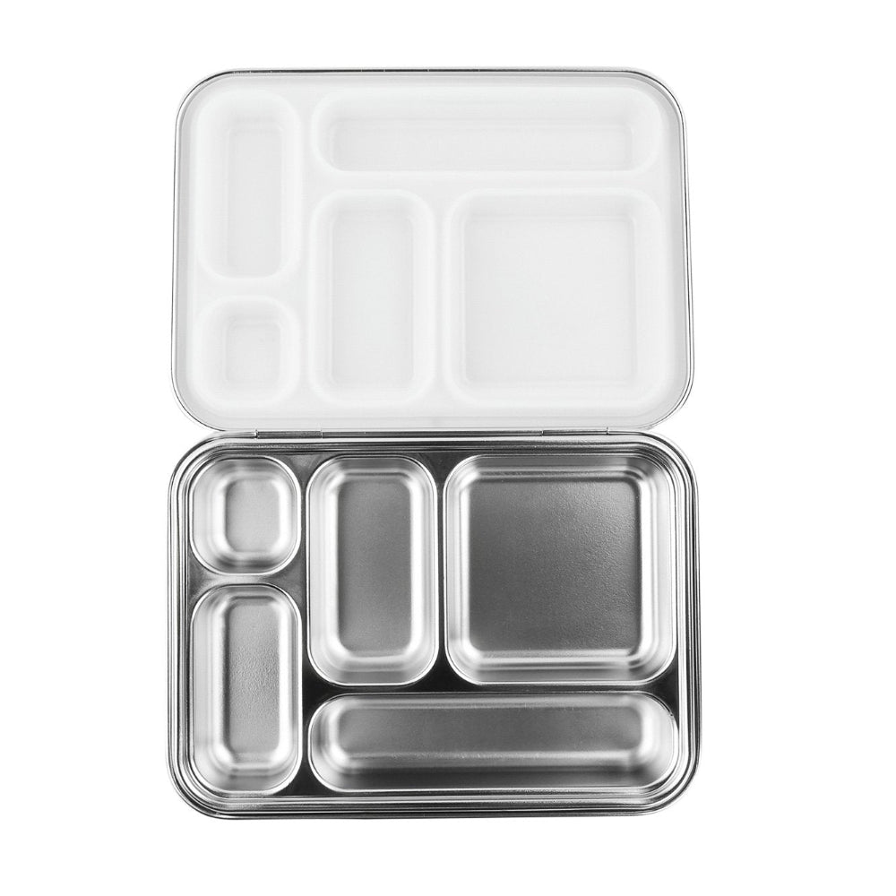 Ecococoon stainless steel leakproof classic bento box with five compartments and polished metal finishon white background.