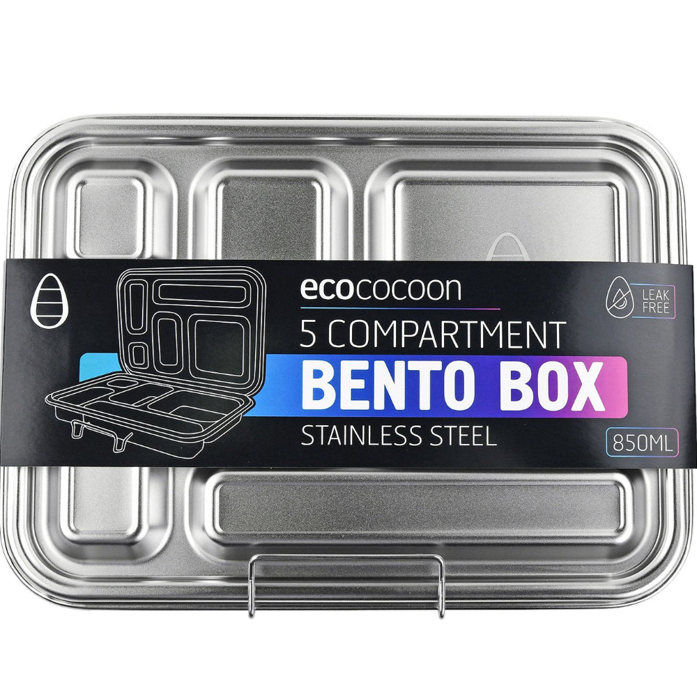 Ecococoon stainless steel leakproof bento box with five compartments and polished metal finish, shown in packaging.
