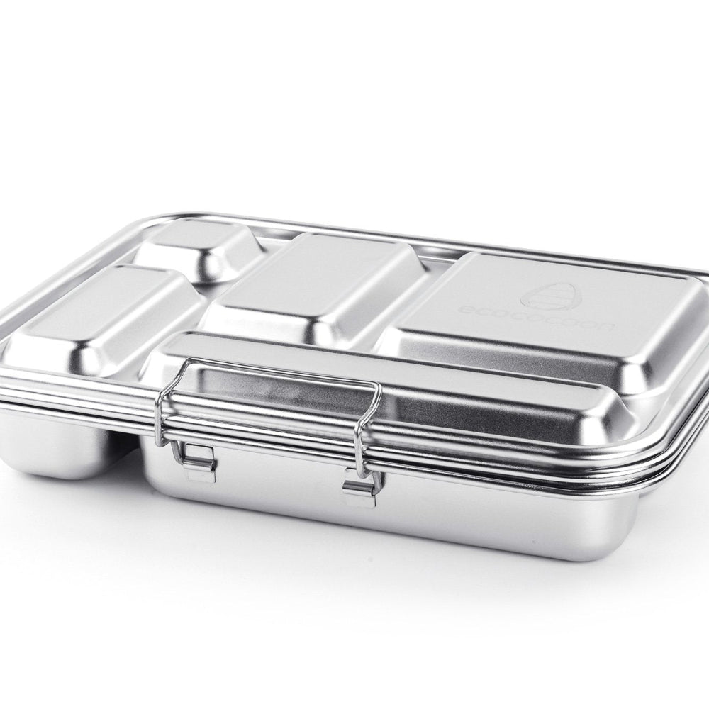 Ecococoon stainless steel leakproof bento box with five compartments and polished metal finish, shown from side