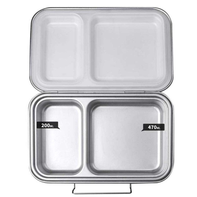 Ecococoon stainless steel leakproof bento box with two compartments showing capacity