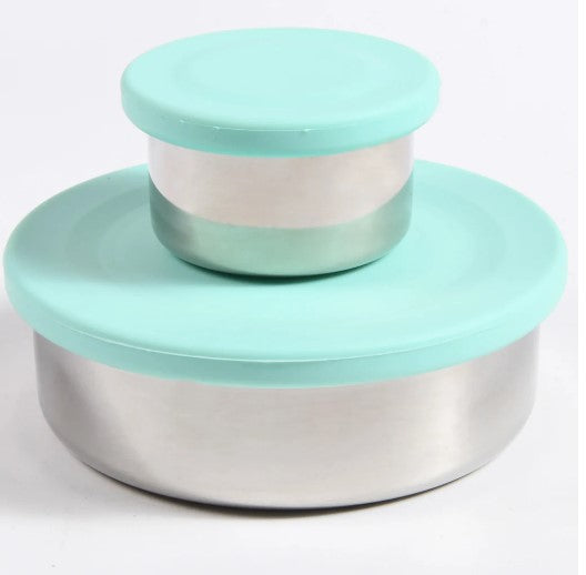 Ecococoon stainless steel snack pot set with mint‑green lids, designed to fit inside a bento box.