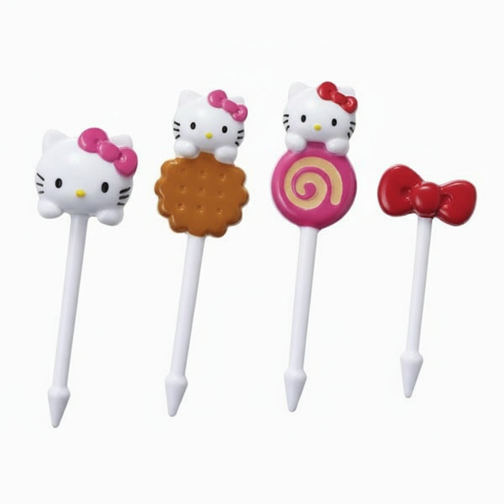 A set of Hello Kitty themed food picks in various designs, including Hello Kitty's face, a cookie, a candy, and a bow.