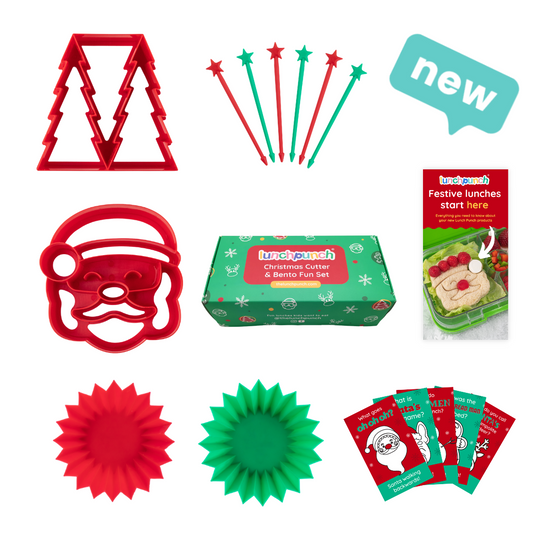Lunch Punch Christmas sandwich cutter set with Santa and Christmas tree cutters, festive picks and silicone cups