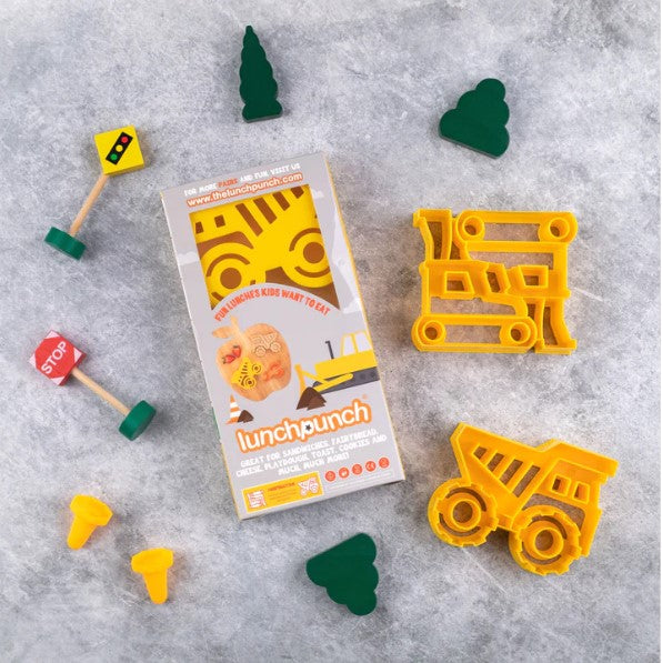 Lunch Punch Construction sandwich cutter packaging featuring yellow truck and excavator designs