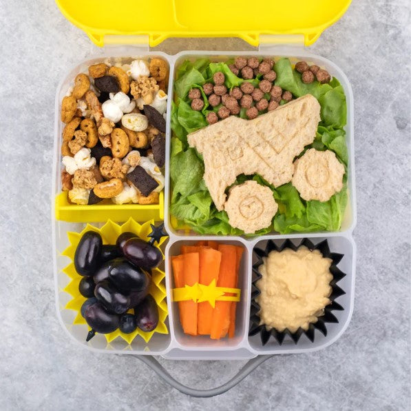 Kids lunchbox with construction‑shaped sandwiches and themed snacks made using the Lunch Punch Construction cutters