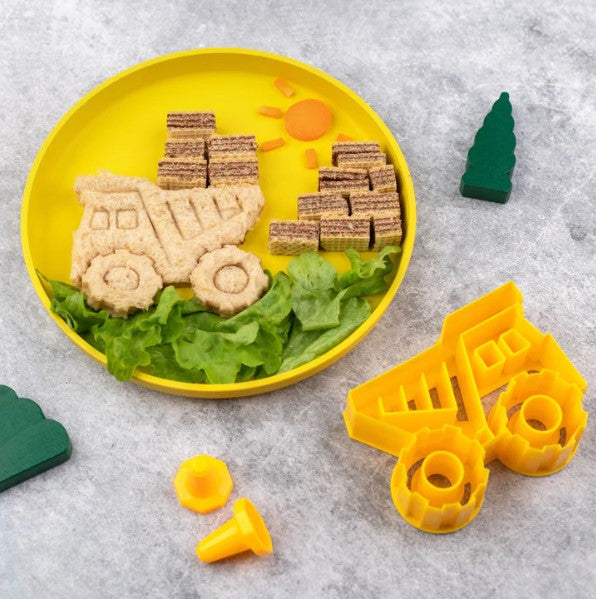 Collage showing Lunch Punch Construction sandwich cutters, packaging and construction‑themed food ideas