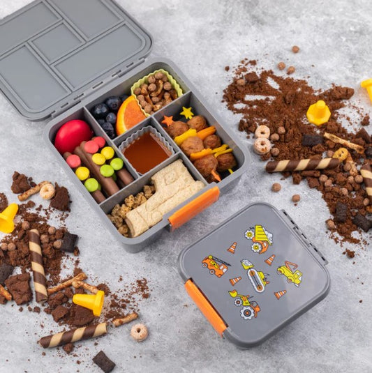 Construction‑themed sandwiches shaped like trucks and diggers made using the Lunch Punch Construction cutters