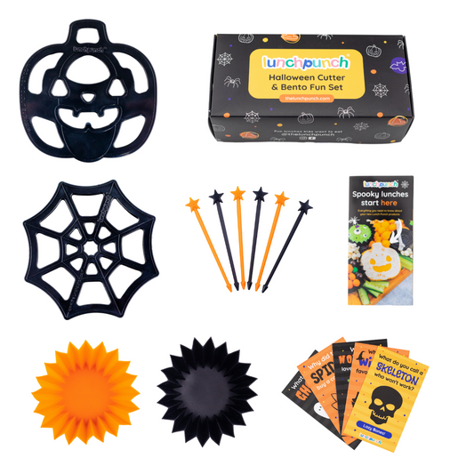 Lunch Punch Halloween sandwich cutter set with pumpkin, spiderweb and sunburst cutters plus festive picks and cup