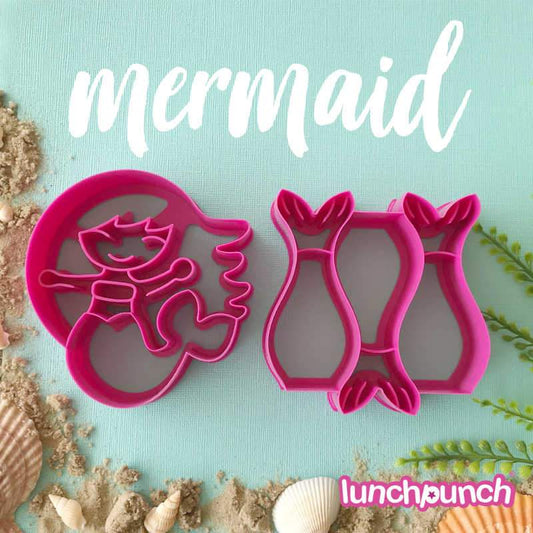 Lunch Punch Mermaid sandwich cutter set with pink mermaid and tail‑shaped cutters