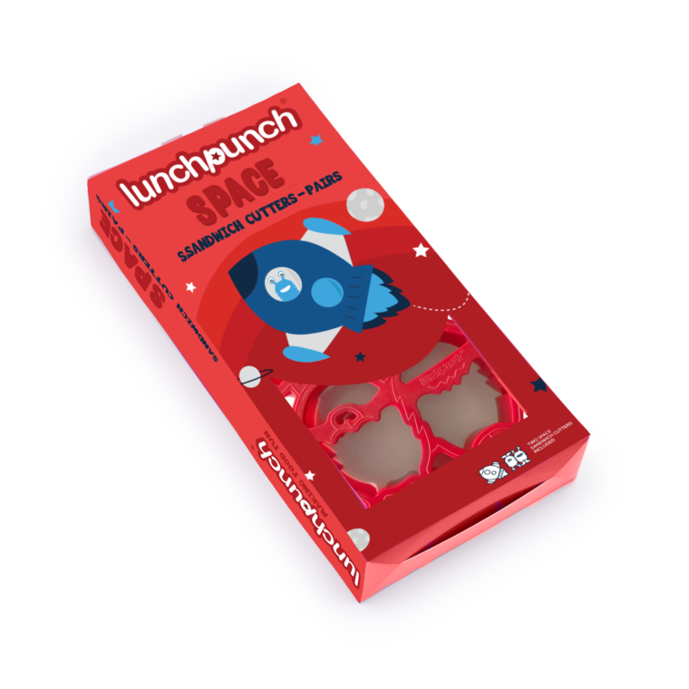 Lunch Punch Space sandwich cutter packaging featuring rocket and space designs