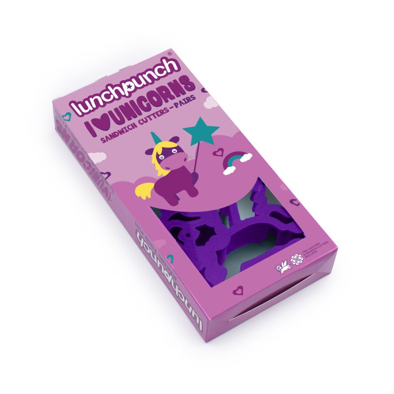 Lunch Punch Unicorn sandwich cutter packaging showing two whimsical purple cutters