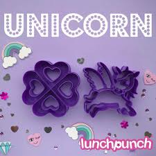 Lunch Punch Unicorn sandwich cutter set with two purple cutters on a pastel background