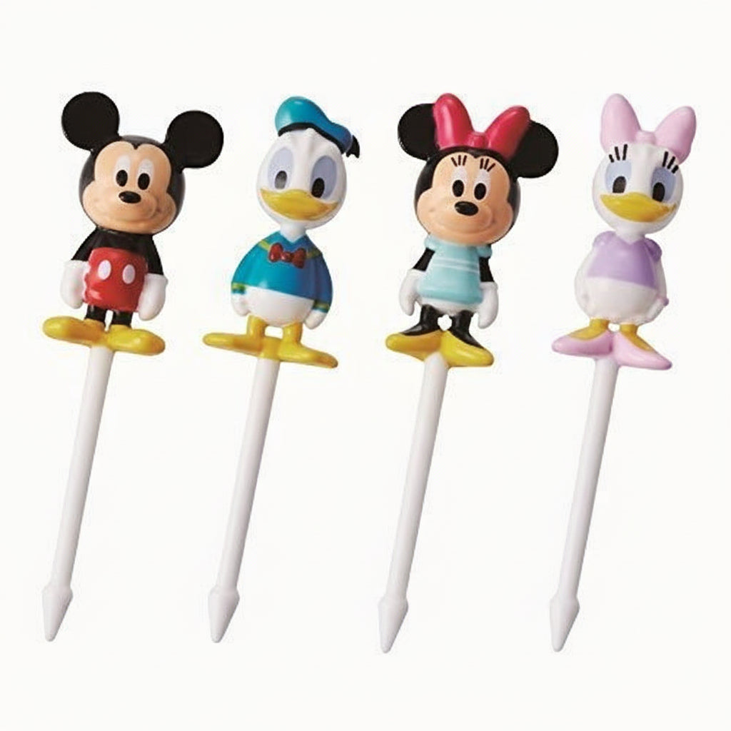 A set of four Disney-themed food picks featuring characters such as Mickey Mouse, Minnie Mouse, Donald Duck, and Daisy Duck.