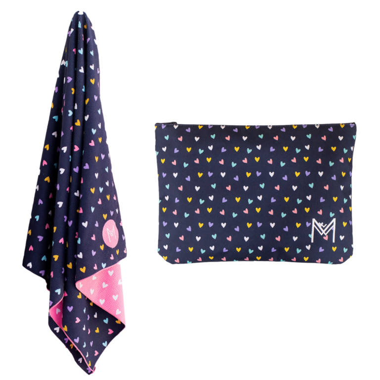 MontiiCo Hearts sand‑free beach towel with matching wet bag for beach, pool or gym use.