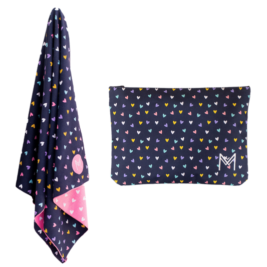 MontiiCo Hearts sand‑free beach towel with matching wet bag for beach, pool or gym use.