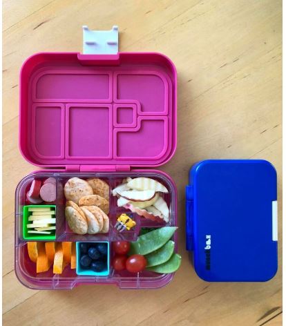 Bright square silicone bento cups from the Munch Cups Bold set, perfect for organising snacks.