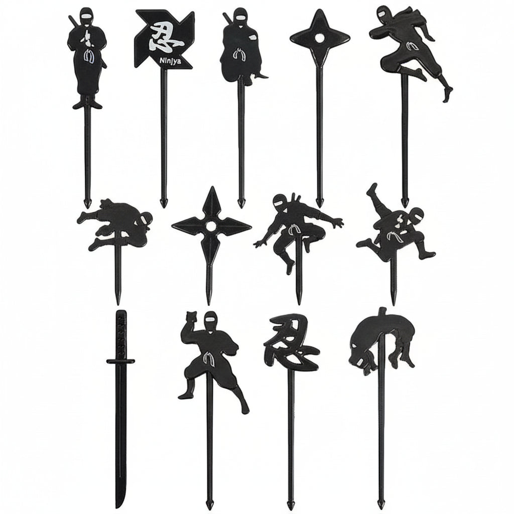 A set of black food picks in various shapes including a ninja, star, and sword, designed for bento decoration.
