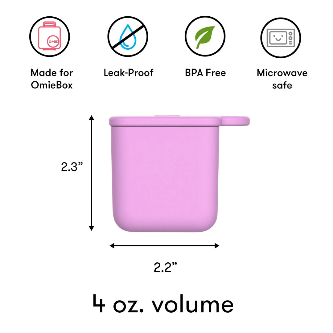 omie dip container in pink and purple showing 1 ounce capacity, baby bento
