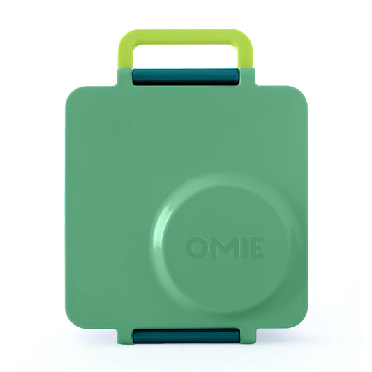Meadow OmieBox V2 leakproof bento lunch box shown closed with secure latch and carry handle.
