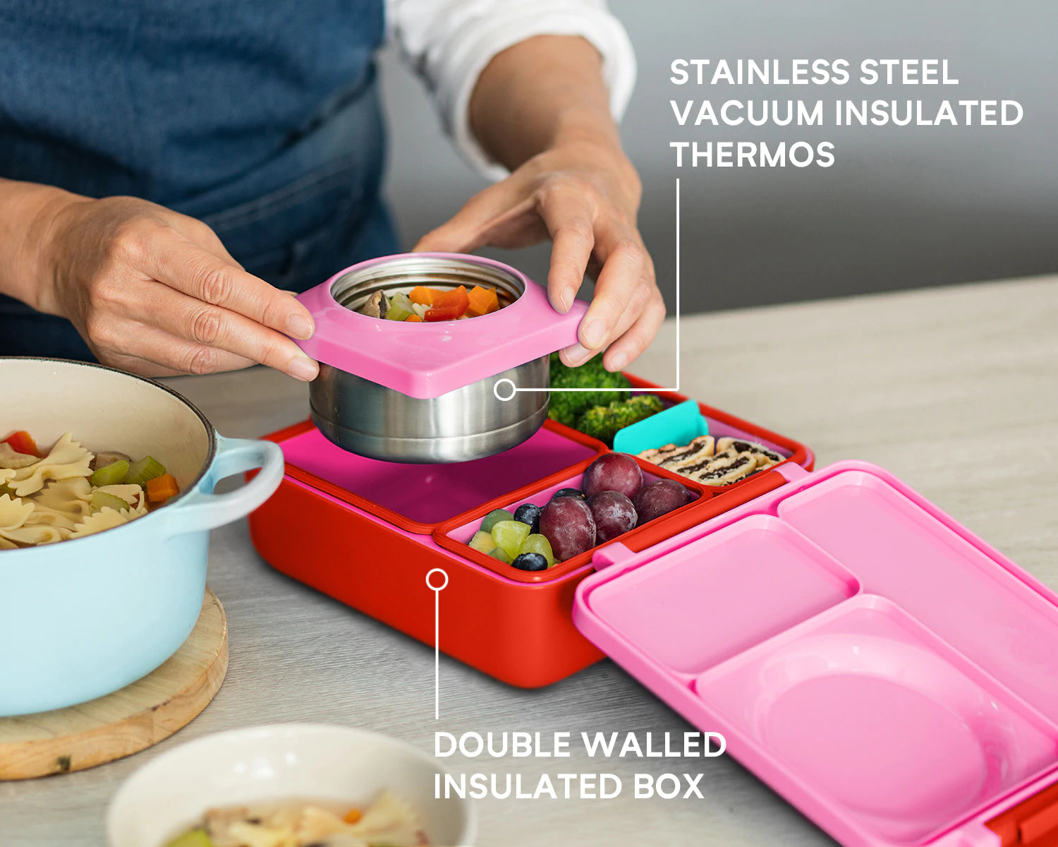 Meadow OmieBox V2 showing insulated jar, leakproof bento compartments, and removable tray design