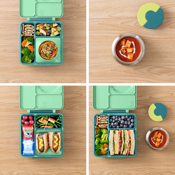 Meadow OmieBox V2 leakproof bento box displaying multiple lunch combinations and portion layouts