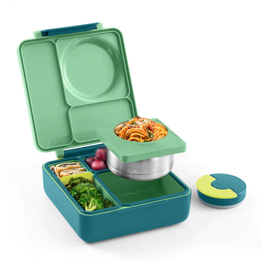 Meadow OmieBox V2 leakproof bento lunch box open to show insulated jar and divided compartments.