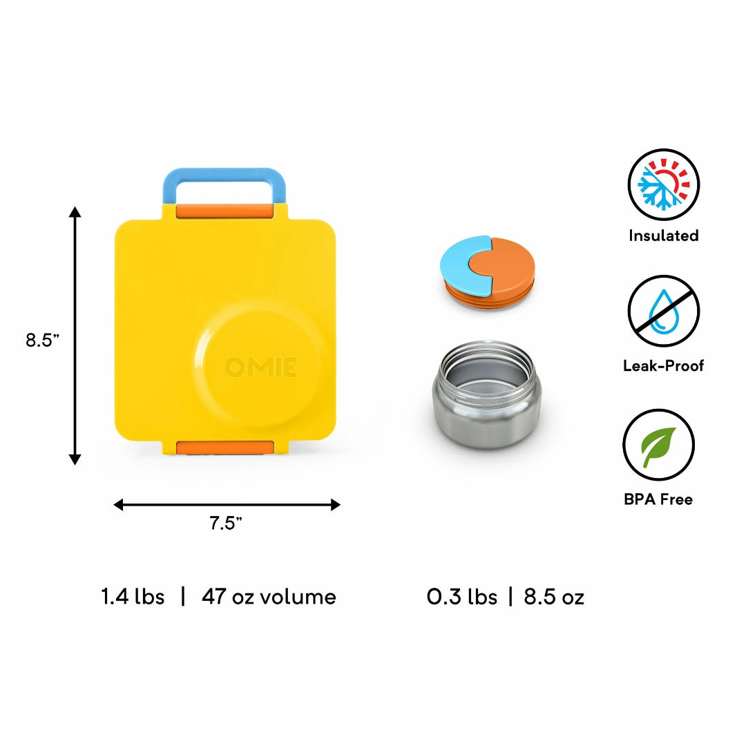 Meadow OmieBox V2 showing insulated jar, leakproof bento compartments, and removable tray design.