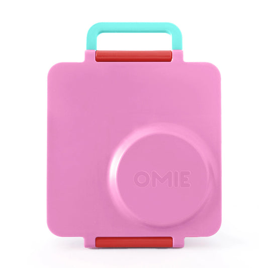 Pink Berry OmieBox V2 leakproof bento lunch box shown closed with secure latch and carry handle.