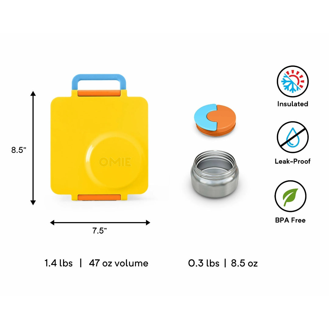 OmieBox V2 showing insulated jar, leakproof bento compartments, and removable tray design.