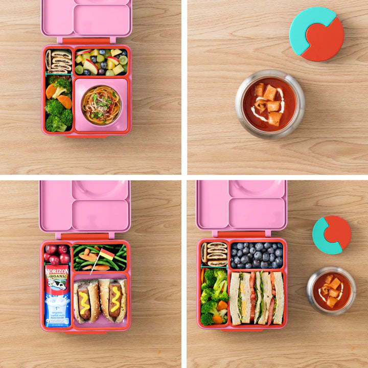 Pink Berry OmieBox V2 leakproof bento box displaying multiple lunch combinations and portion layouts.