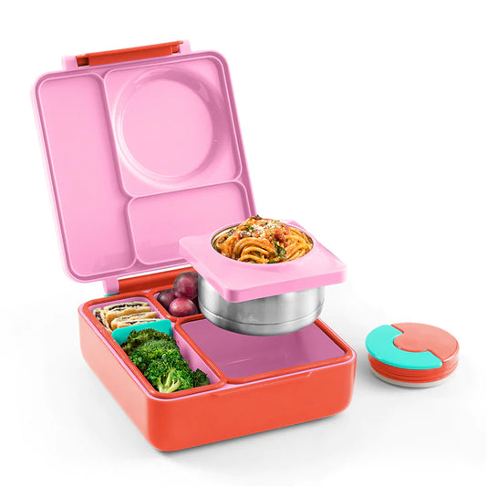 Pink Berry OmieBox V2 leakproof bento lunch box open to show insulated jar and divided compartments