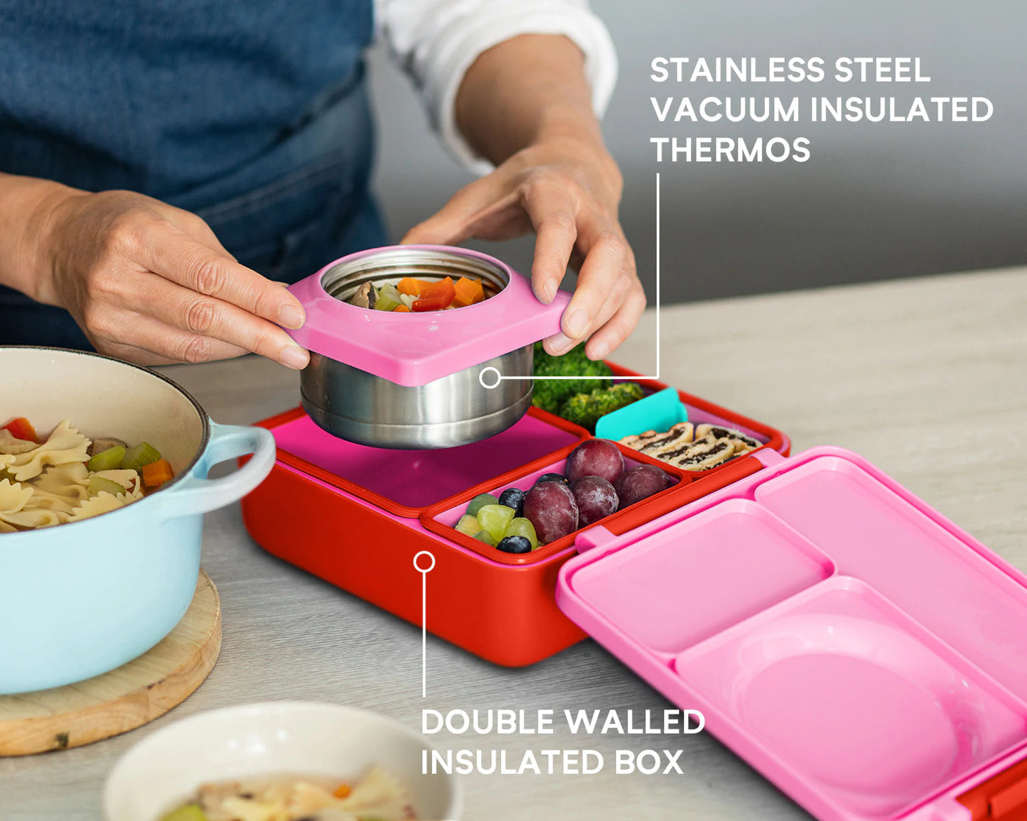 OmieBox V2 showing insulated jar, leakproof bento compartments, and removable tray design