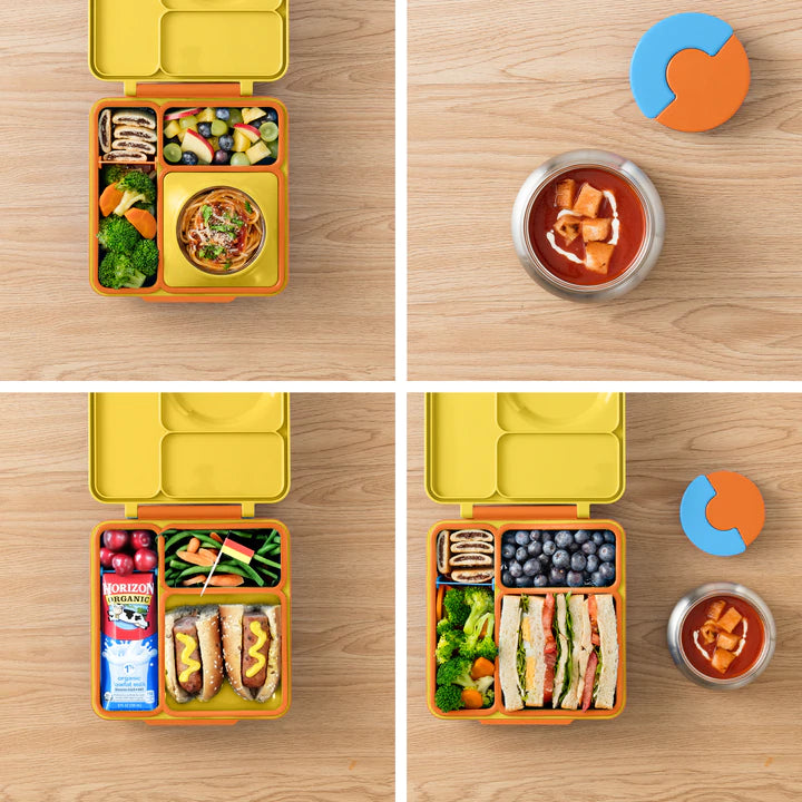 Sunshine OmieBox V2 leakproof bento box displaying multiple lunch combinations and portion layouts.