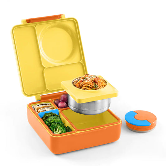 Sunshine OmieBox V2 leakproof bento lunch box open to show insulated jar and divided compartments.