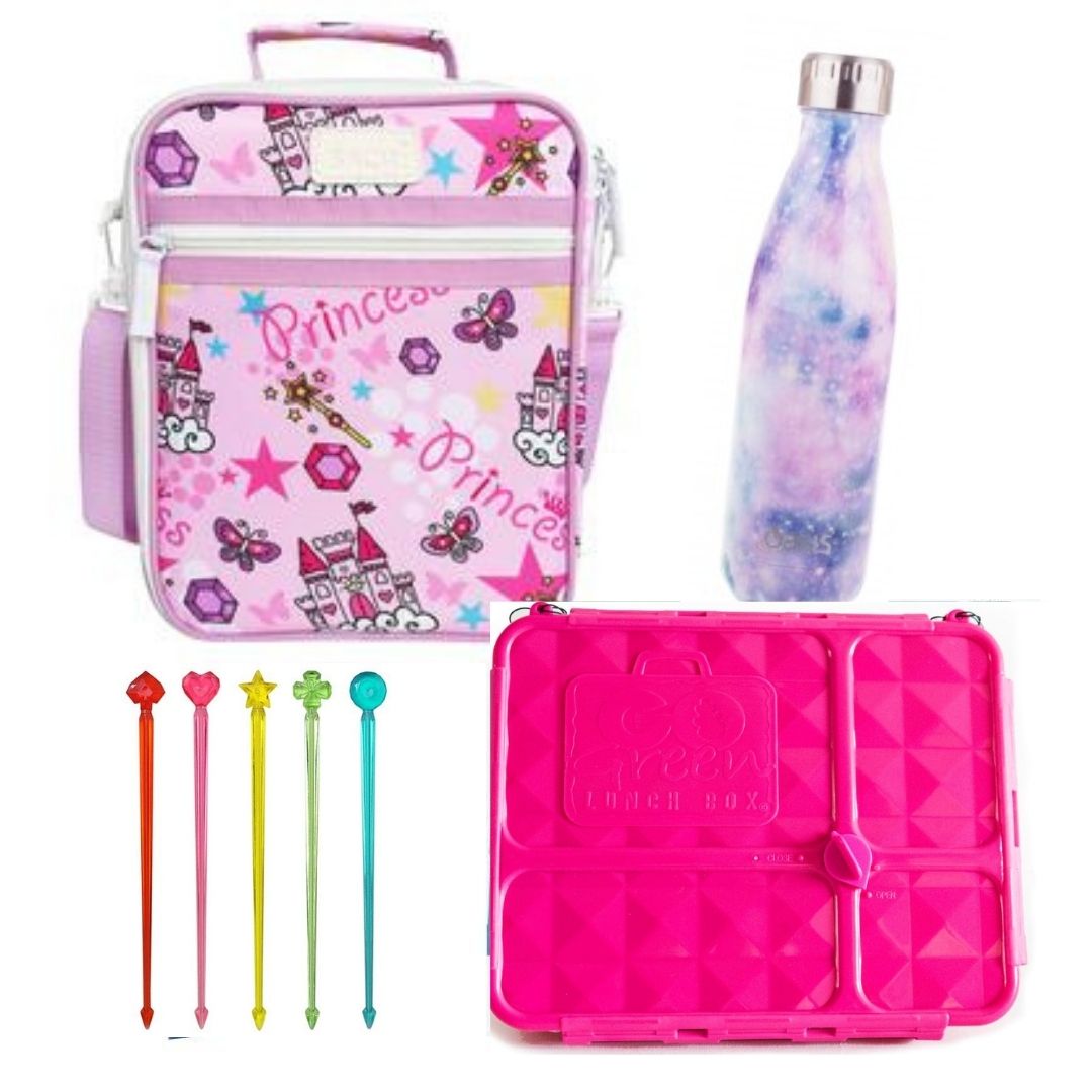 A pink princess-themed lunch box with matching pink and green silicone twist-up picks, and a stainless steel Oasis insulated drink bottle with a multicolored twist cap.