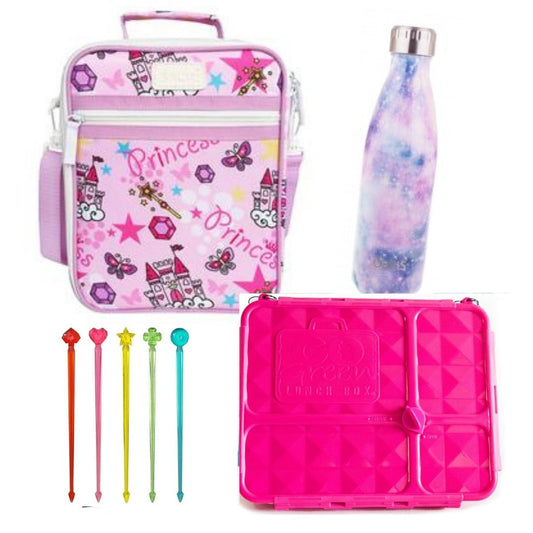 A pink princess-themed lunch box with matching pink and green silicone twist-up picks, and a stainless steel Oasis insulated drink bottle with a multicolored twist cap.