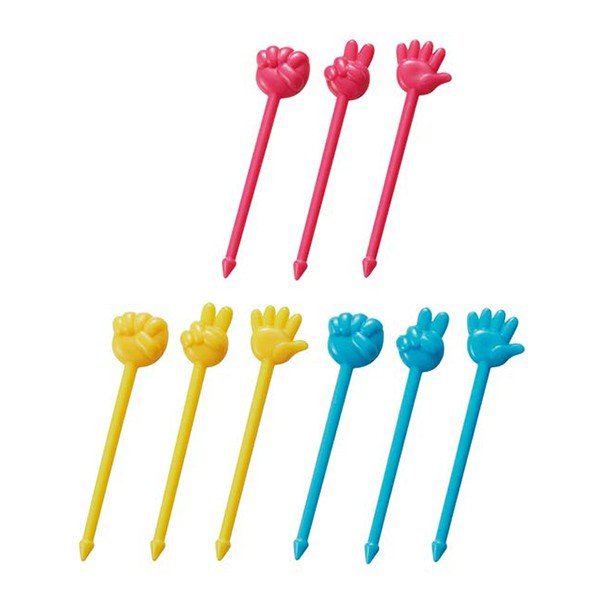 A set of plastic food picks in red, yellow, and blue colors, designed with rock, paper, and scissors shapes.
