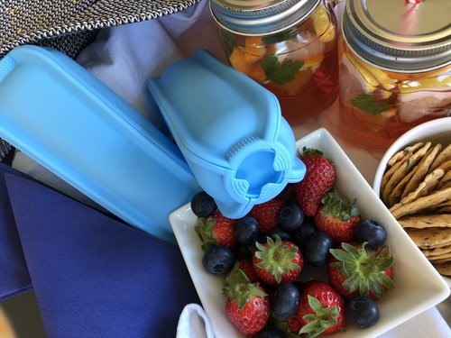Blue silicone reusable food containers on a picnic setup with fruit, crackers and drinks, showing flexible, eco‑friendly snack storage for lunches and outdoor meals.