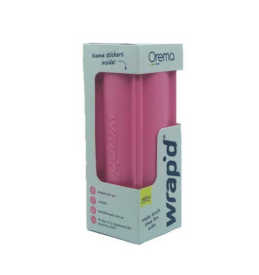 Pink silicone wrap holder shown in packaging, a reusable Wrap’d holder designed to keep wraps, sandwiches and tortilla wraps secure.
