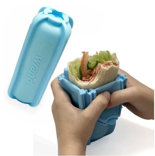 Blue Wrap’d silicone wrap holder shown open and closed, a reusable wrap holder designed to keep food wraps, sandwiches and tortilla wraps secure and easy to eat.
