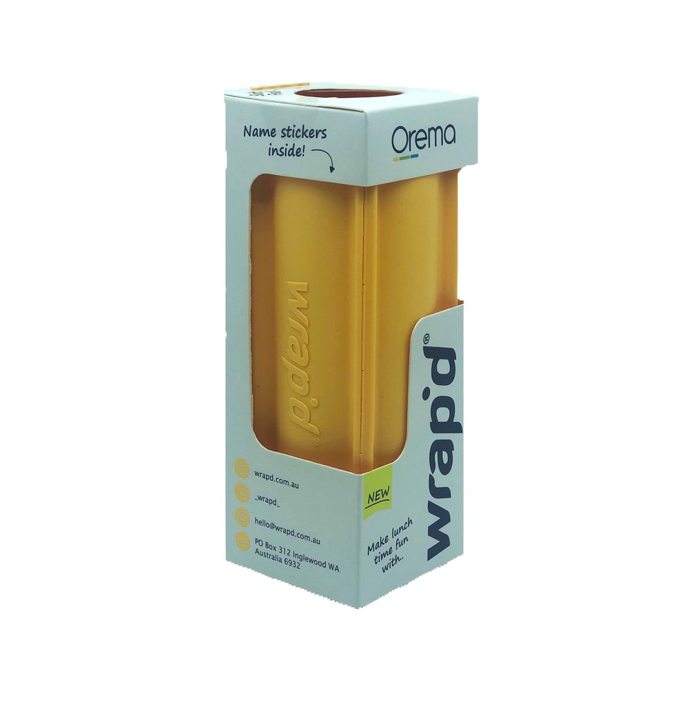 Yellow Wrap’d silicone wrap holder in packaging, a reusable wrap holder designed to keep wraps, sandwiches and tortilla wraps secure and easy to eat.